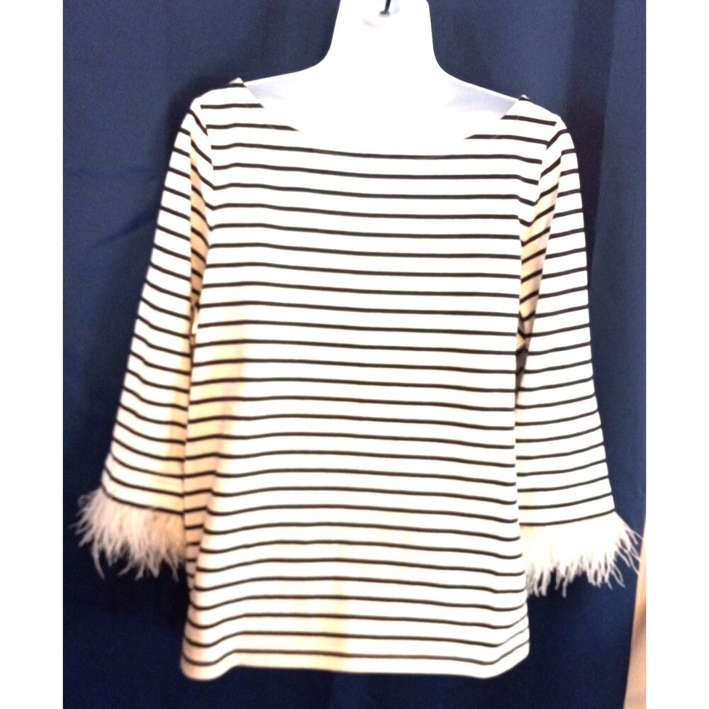 Talbots Plus Petite    Black Stripe Ostrich Feather Trim T-Shirt  Size 1XP  NEW